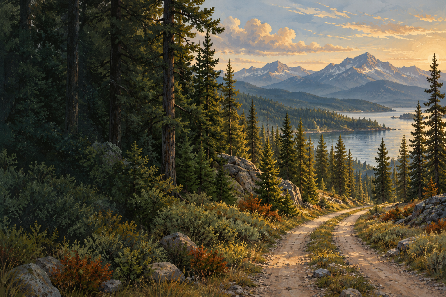 Illustration of a forest road, mountains, and a lake in warm evening light